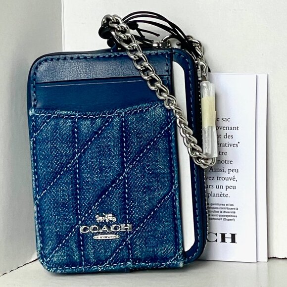 Coach CAR26 Quilted Zip Card Case Blue Denim Leather ID Wallet with Chain Strap - Picture 1 of 5